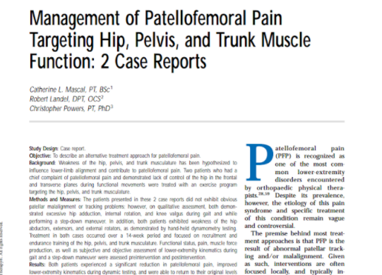 First page of a case report on treating patellofemoral pain through hip, pelvis and trunk