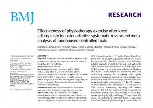 First page of a BMJ systematic review on physiotherapy exercise after knee arthroplasty