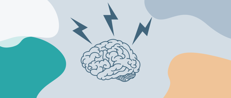 Illustration of a brain with lightning bolts above it, showing stress and cortisol