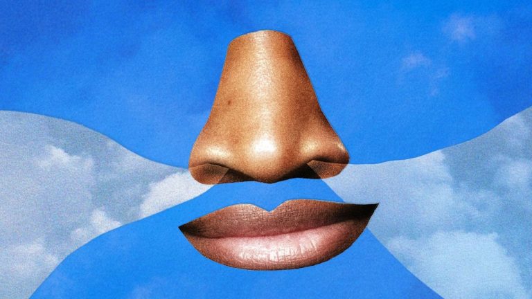 Collage of a nose and mouth set against a blue sky, illustrating breathing