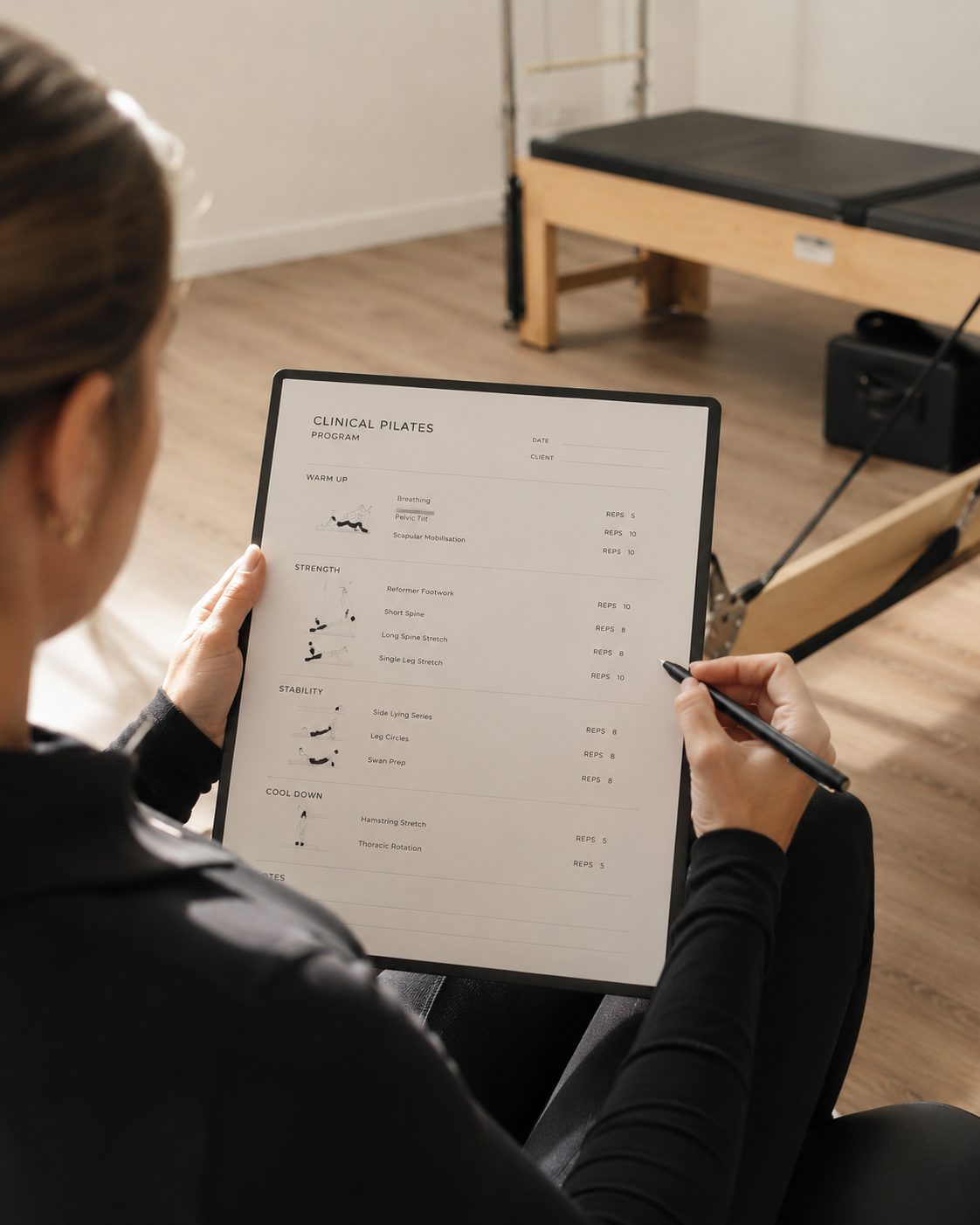 Written program shown on paper or tablet, over-shoulder