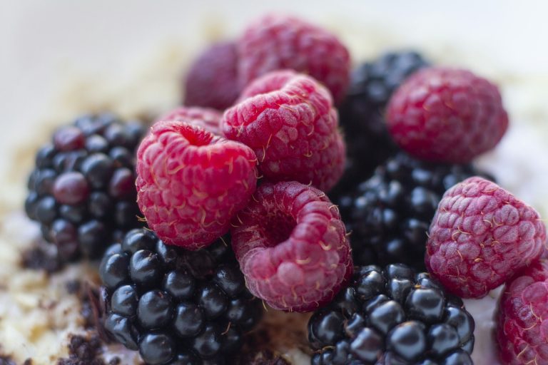 Raspberries and blackberries on a bowl of oats
